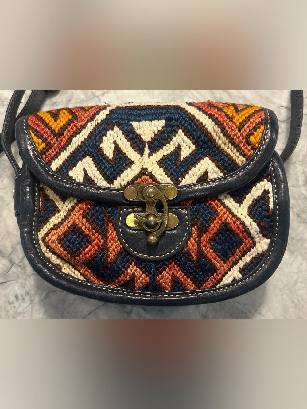 Handmade vintage  Kilim Woven Crossbody mini Bag — Navy, Rust & Cream